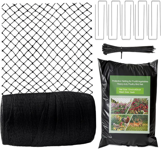 Garden Bird Net, 13 X 40 Feet Heavy-Duty Poultry Bird Net, with 50 Straps and 10 Staples, Used for Fruit Trees, Plants, Vegetables, and Garden Nets Against Birds and Deer