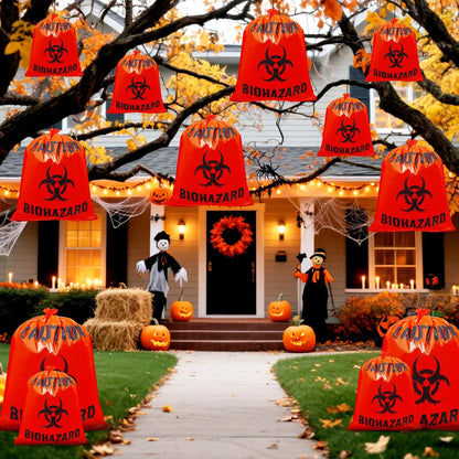 12 Pcs Large Halloween Leaf Bags Biohazard Halloween Decorations Halloween Trash Bags for Leaves Plastic Yard Lawn Waste Bags Scientist Biohazard Bags Outdoor Biohazard Zombie Party Decorations (Red)