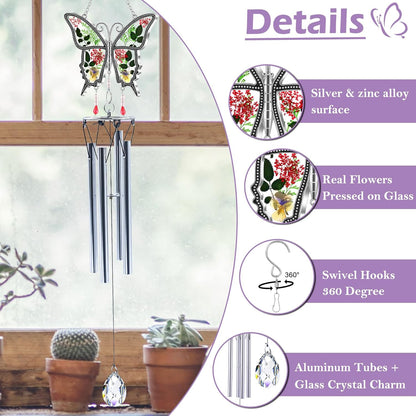Butterflies Wind Chimes Glass Metal Real Flower and Multicolor 4 Tube Aluminum Windchime with S Hooks,Elegant Chime Outdoor, Garden,Balcony and Home Decoration with Wind Catcher Grandparent Day Gifts
