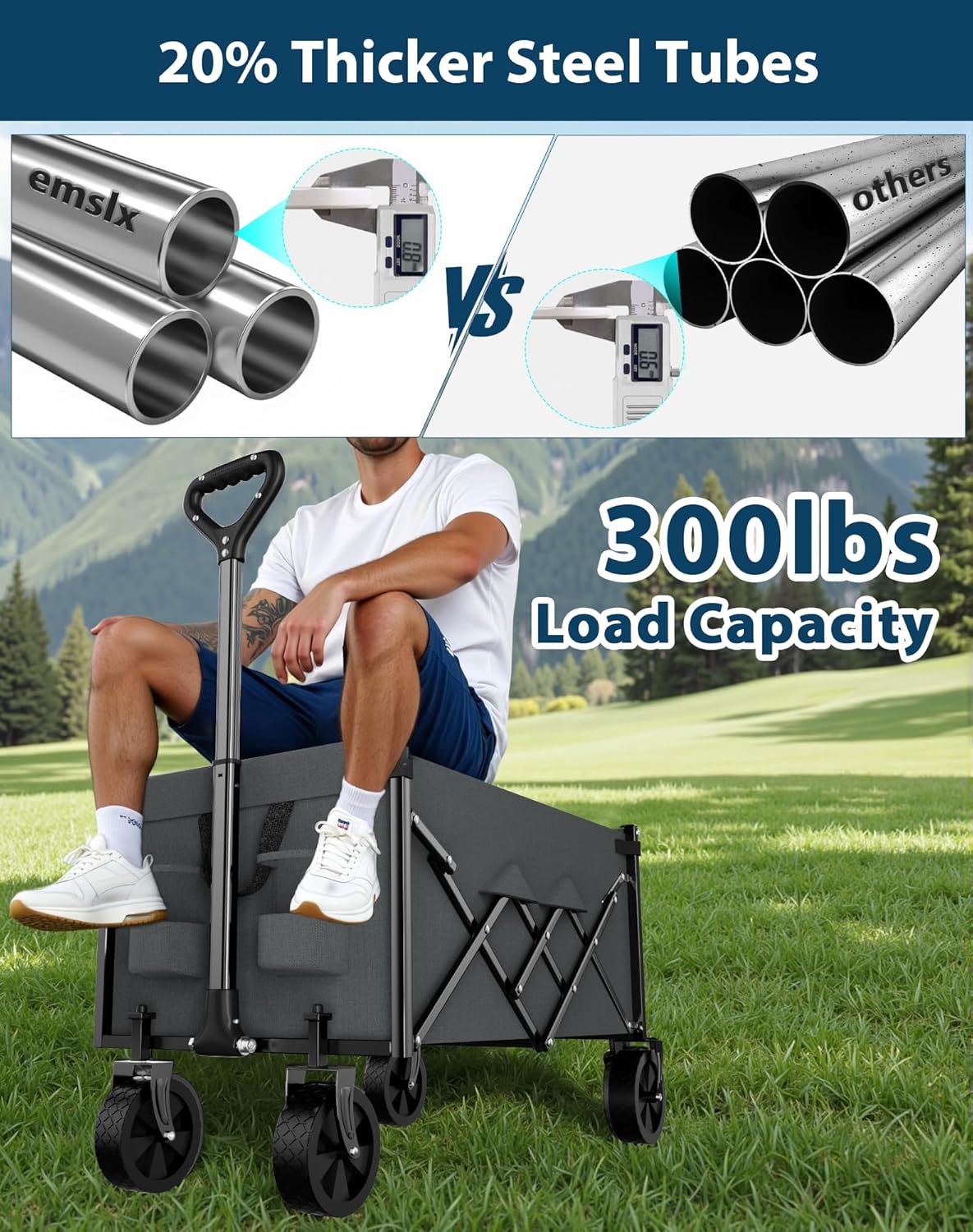 Lightweight Folding Wagon, Large Capacity Collapsible Grocery Cart on Big Wheels, Heavy Duty Foldable Shopping Carts, All-Terrain Outdoor Utility Carts, 4.5 Cu Ft, Grey