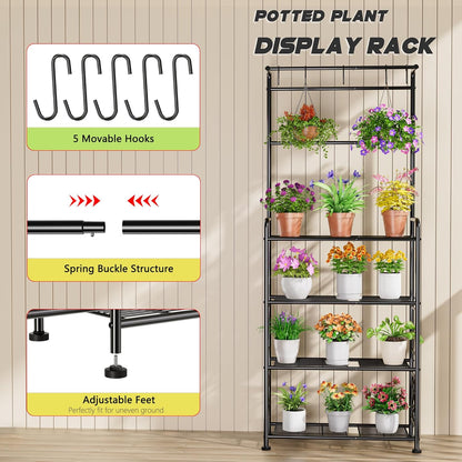 Plant Stand Indoor Outdoor Heavy Duty Metal - 68.4" Tall 4-Tier Shelf for Multiple Plants, Flowers, Rustproof Black Storage Rack for Patio, Balcony, Living Room, Garden, Includes Hooks&Adjustable Feet
