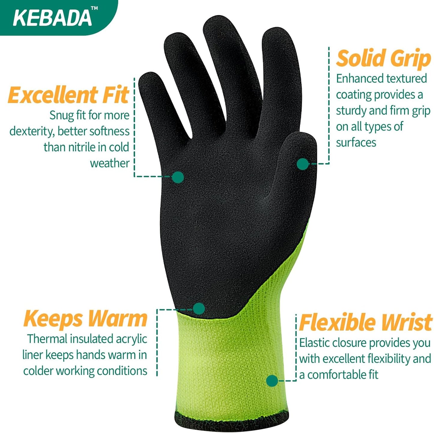 Kebada T3 Winter Work Gloves for Men and Women, Warm Knit Cold Weather Work Gloves, Thermal Insulated Freezer Gloves, 100% Latex Coating Non-slip Grip, Long Wrist Design, 1 Pair, Green, X-Large