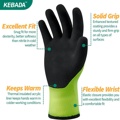 Kebada T3 Winter Work Gloves for Men and Women, Warm Knit Cold Weather Work Gloves, Thermal Insulated Freezer Gloves, 100% Latex Coating Non-slip Grip, Long Wrist Design, 3 Pairs, Green, Large