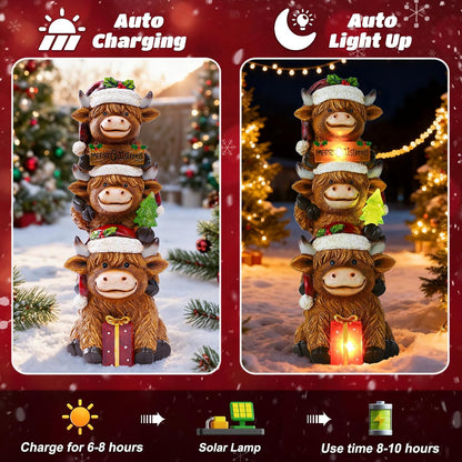 Christmas Highland Cow Decor with Solar Light Triple Highland Cow Christmas Decorations Gifts for Women Mom Funny Highland Cows Garden Statues for Garden Patio Lawn Yard Decor(Multicolor)