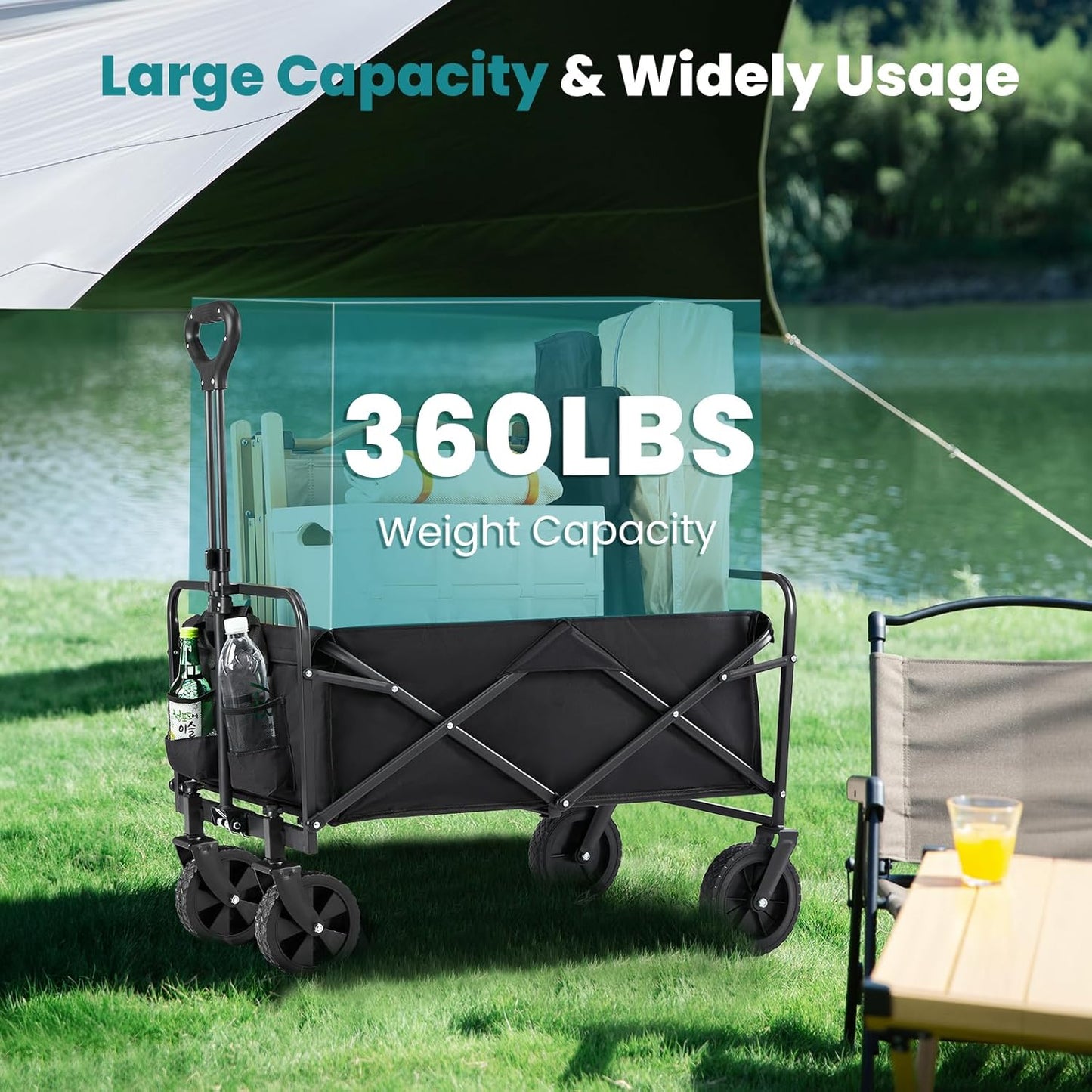 OLIXIS Heavy Duty Wagon Cart, 360 lbs Foldable Large Collapsible Wagons Carts with Wheels Smooth Maneuverability for All-Terrain, Suitable for Gardening, Camping, Beach - Black
