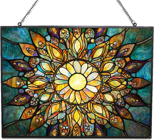 Customized Rectangle Boho Mandala Sunburst Stained Glass Suncatcher Window Hangings, Stained Glass Panel Sun Catchers Gifts Home Decor Garden Christmas Halloween Wedding