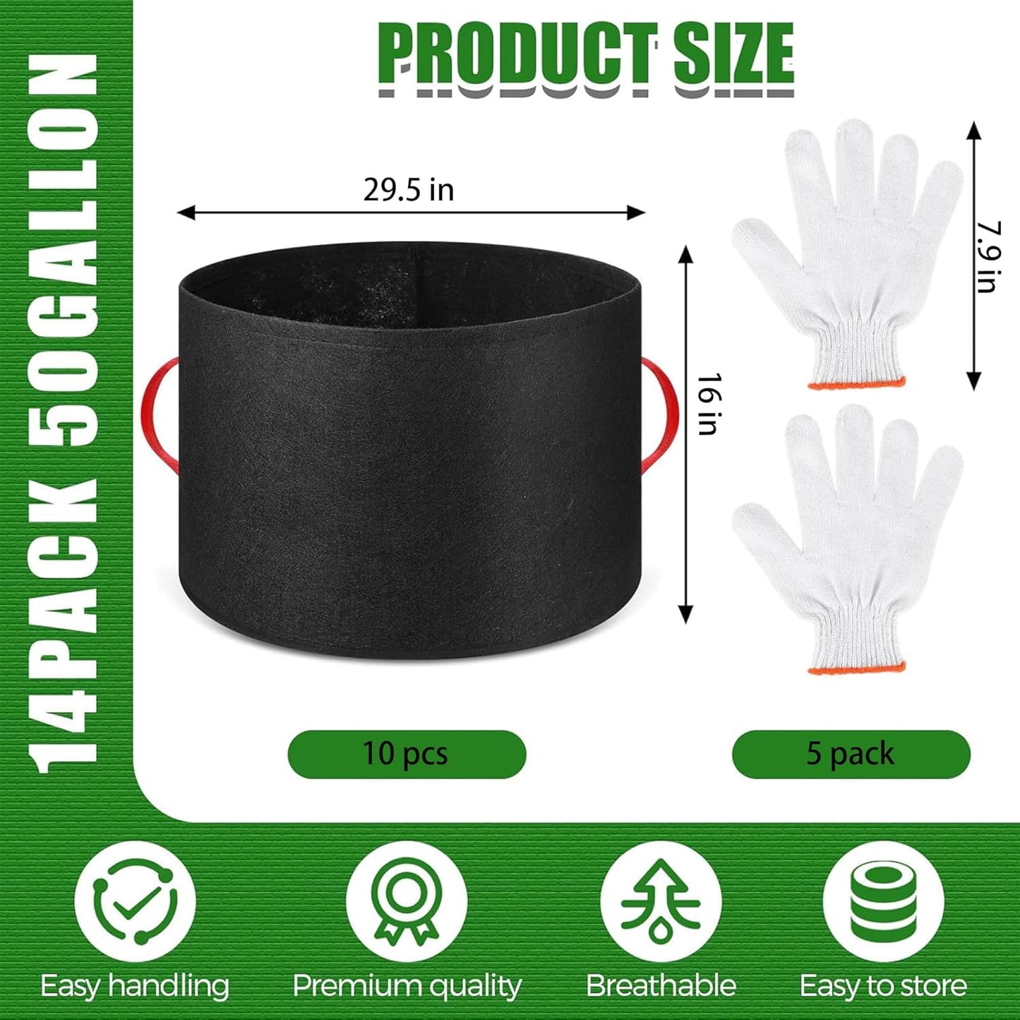 10 Pcs 50 Gallon Nonwoven Fabric Plant Grow Bags with Handles and 10 Pairs of Gardening Gloves for Vegetables Flowers Trees Container Planting Outdoor Garden Use