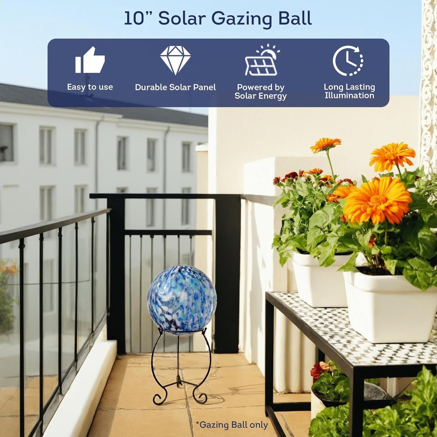 Lily's Home Gazing Ball - 10" Glass Globe with Solar Powered Lights - Outdoor Solar Lights for Yard & Patio - Garden Decor - Automatic On/Off Photosensitive Switch - Battery Included
