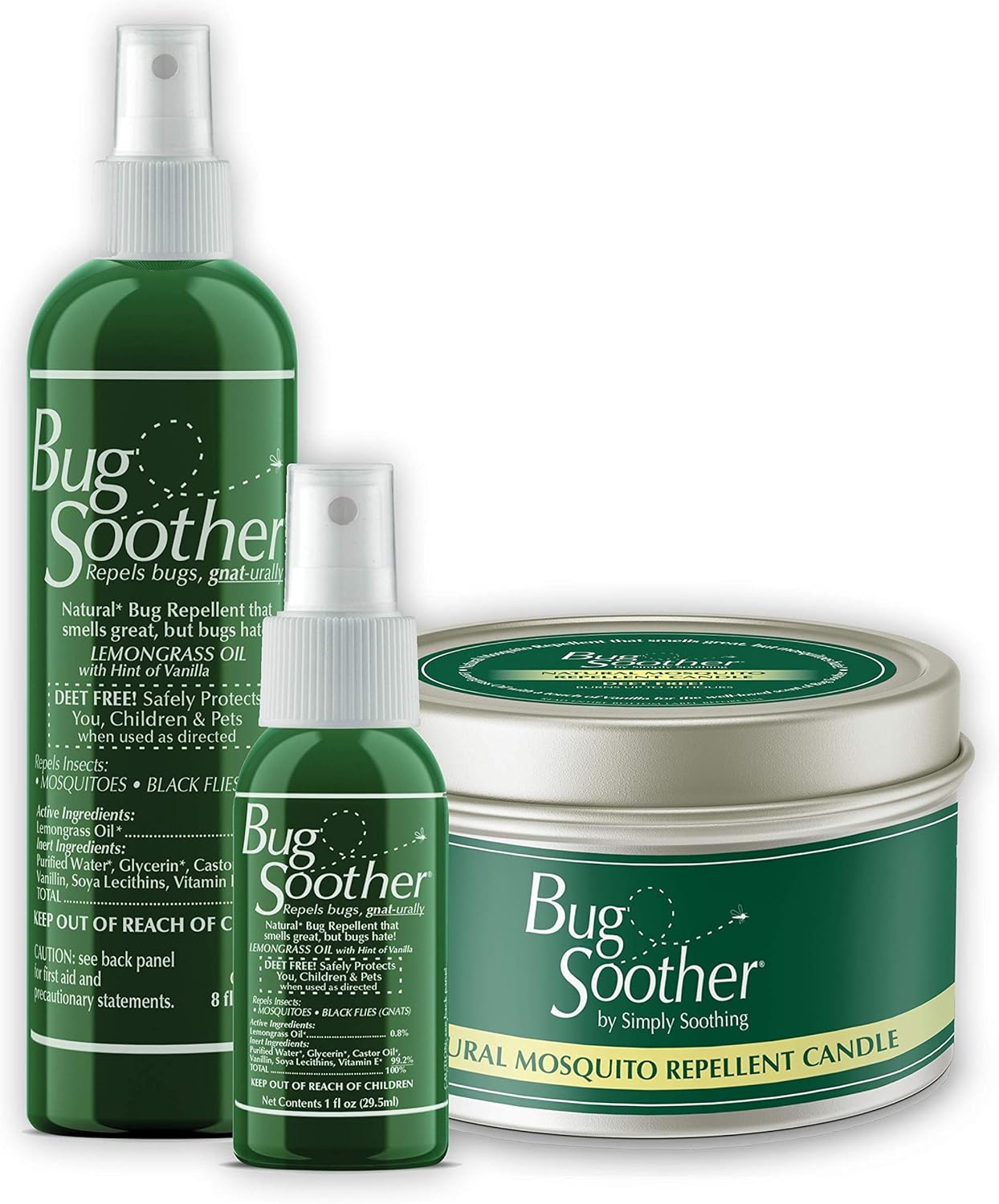 Bug Soother Candle - Natural Insect, Gnat and Mosquito Repellent Candle, 8 oz + 1oz Bottle of Bug Spray Deterrent - Safe for Adults, Kids, Pets, Environment - Made in USA