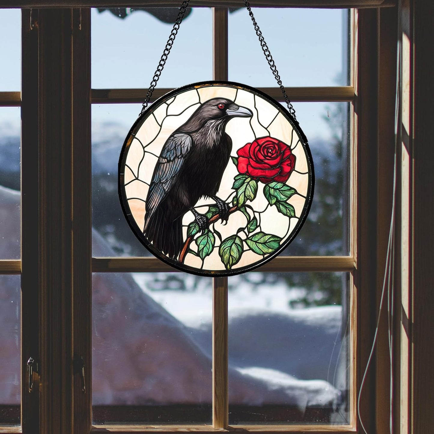 Stained Glass Window Hanging - Black Crow Red Rose Suncatcher for Doors Garden Patio Bird Sun Catchers Decor Christmas Mother's Day Birthday Gifts for Women Men Mom Nana Friend 15 in
