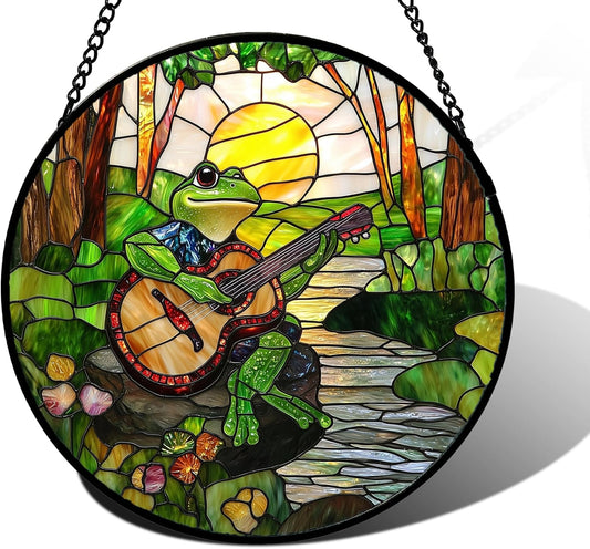 Stained Glass Window Hanging, Frog Playing Guitar Suncatcher Diamond Glass Panel Funny Sun Catchers