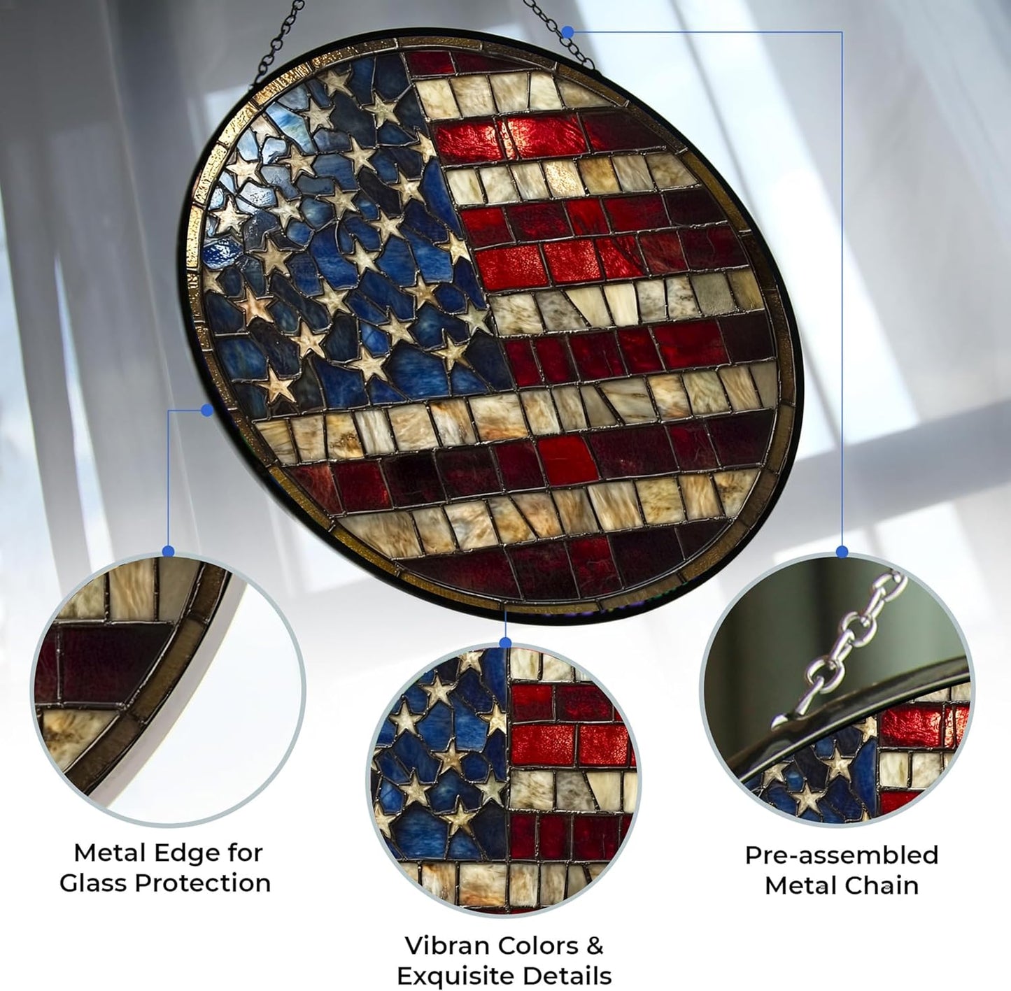 USA Flag Stained Glass Window Hanging by Clare Donovans Stained Glass Suncatcher Birthday Gift for Mom Grandma Teacher Women Friend Memorial Hook