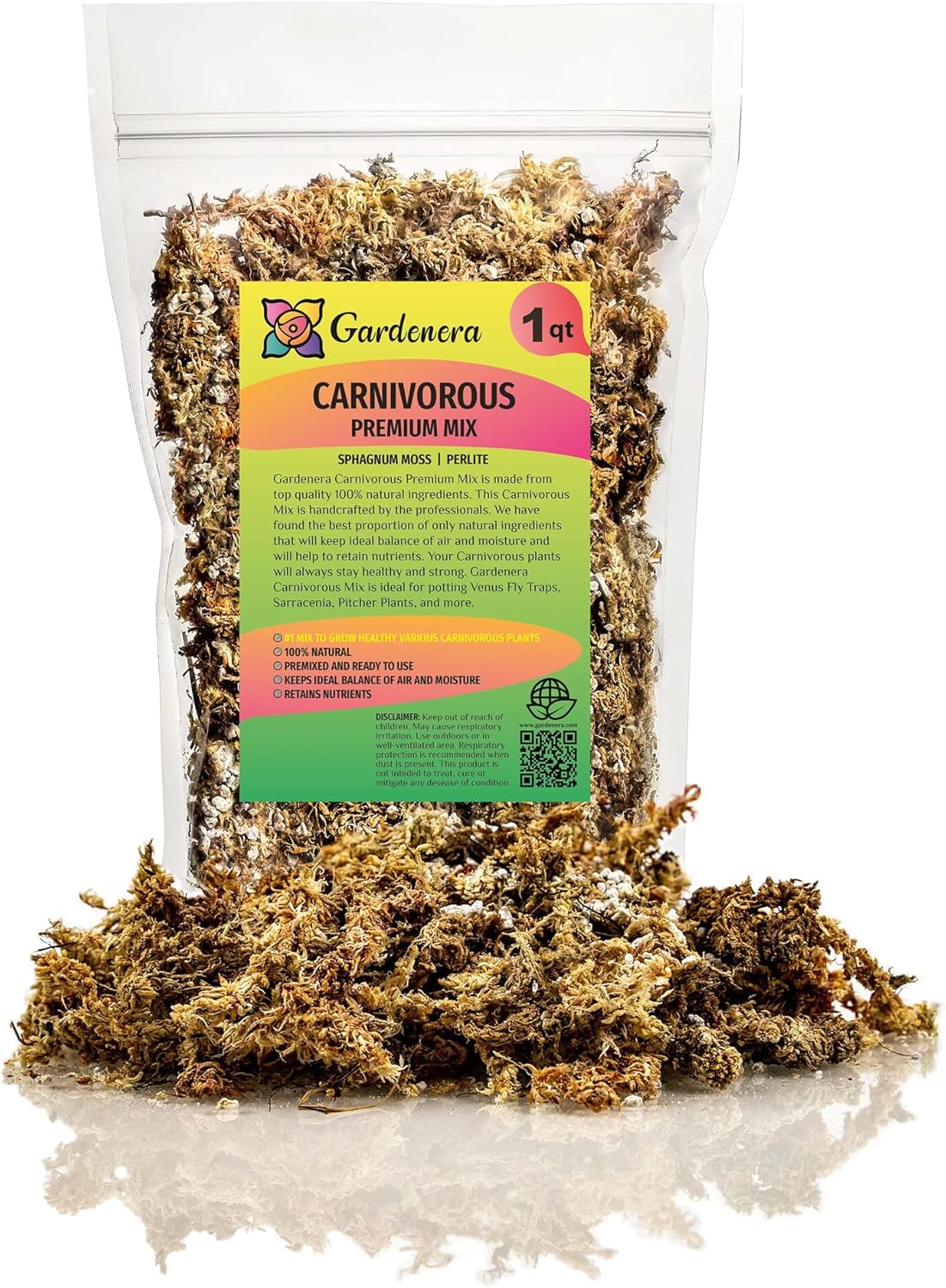 Gardenera Sphagnum Moss Potting Mix for Carnivorous Plants, Moss and Perlite Blend for Potting Venus Fly Traps, Sarracenia, Pitcher Plants - 75% Sphagnum Moss + 25% Perlite - Made in USA - 1 Quart