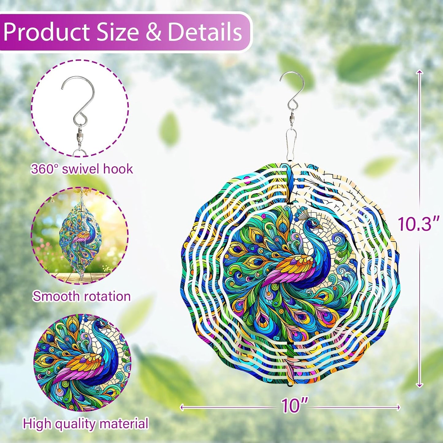 Peacock Wind Spinner 3D Stainless Steel Kinetic Sculpture Metal Art Christmas 10 Inch Colorful Hanging Decoration for Garden, Patio, Yard, and Indoor/Outdoor Spaces
