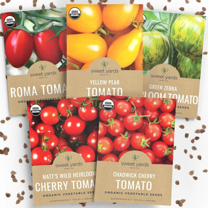 Organic Cherry Tomato Seeds Variety Pack - 5 Individual Packs - 2025 Season - Green Zebra, Matt's Wild, Chadwick, Yellow Pear and More! for Indoor & Outdoor Planting (Non-GMO, Certified Organic)