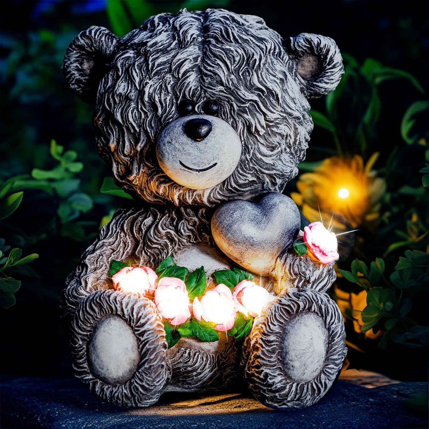 Solar Garden Outdoor Statues Bear with Heart and Pink Flower and 5 LED Lights-Lawn Decor Bear Statue for Patio, Balcony, Yard Ornament-Unique Mother's Day and Housewarming Gifts for Mom, Women