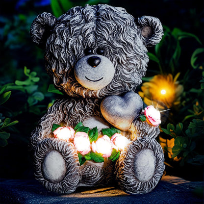 Solar Garden Outdoor Statues Bear with Heart and Pink Flower and 5 LED Lights-Lawn Decor Bear Statue for Patio, Balcony, Yard Ornament-Unique Mother's Day and Housewarming Gifts for Mom, Women