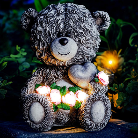 Solar Garden Outdoor Statues Bear with Heart and Pink Flower and 5 LED Lights-Lawn Decor Bear Statue for Patio, Balcony, Yard Ornament-Unique Mother's Day and Housewarming Gifts for Mom, Women