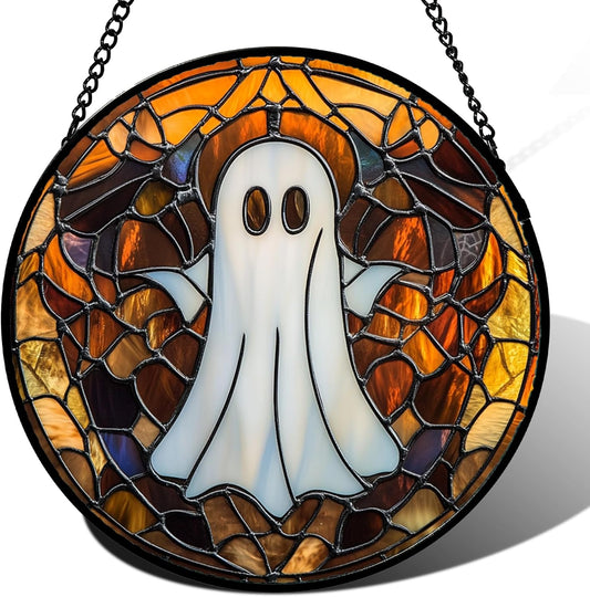 Stained Glass Window Hanging Halloween White Horror Ghost Large 11.8" - Suncatcher Door Garden