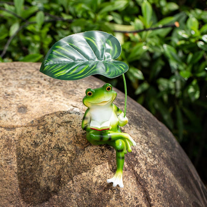 OwMell Frog Statue for Garden, Green Frog Figurine for Outdoor Decor Yard and Garden Decoration Resin Sculpture 6 Inches - Book & Leaf