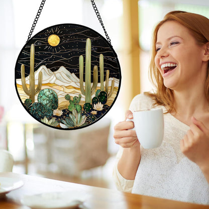 Stained Glass Window Hanging, Black and White Golden Cactus Nature Suncatcher for Doors Window Home Starry Sky Sun Catchers Decor Mother's Day Birthday Gifts for Women, Men Mom 7.8 in