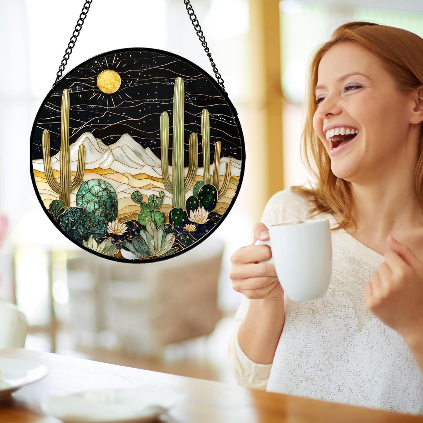 Stained Glass Window Hanging, Black and White Golden Cactus Nature Suncatcher for Doors Window Home Starry Sky Sun Catchers Decor Mother's Day Birthday Gifts for Women, Men Mom 6.3 in