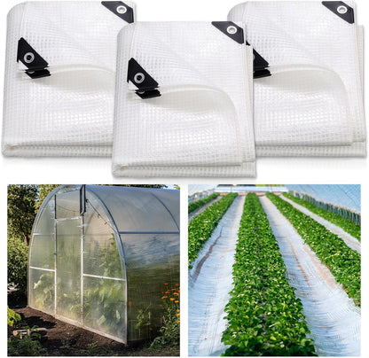 Berlune 3 Pack Clear Greenhouse Heavy Duty Tarp, 8 x 10 ft Clear Waterproof Cover, 14 Mil Plastic Mesh Cover UV Resistant Poly Tarp with Grommets for Gardening, Farming, Nursery Outdoor Event