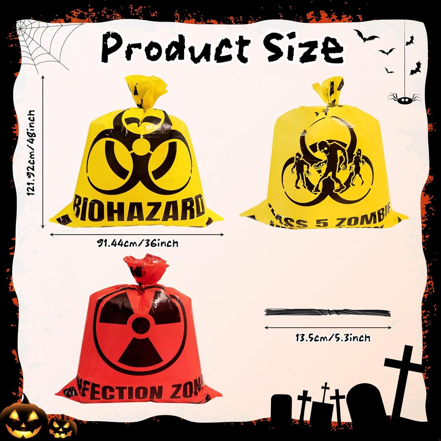 CNhoqc Halloween Lawn Trash Bags - 12Pcs Zombie Warning Reusable Waste Bags with Twist Ties, Fallen Leaf Grass Clipping Trash Container, Heavy-Duty Plastic for Biohazard Parties Outdoor Decorations