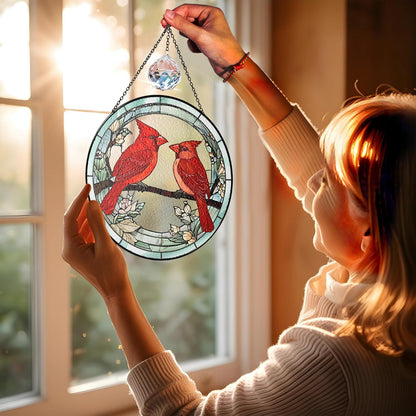 6" Cardinal Bird Stained Glass Suncatchers Art Glass Birds and Flowers for Sun Catcher Indoor Window Gifts for Nature Floral Bird Lovers Women Mom Friend Painted Panel Décor BIRD-02B-SG6