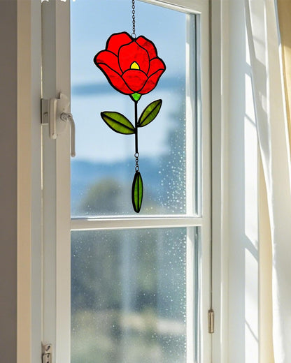Stained Glass Window Hangings, Handcrafted Garden Suncatchers for Window and Home Decor, Unique Artisan Glass Ornaments for Indoor and Outdoor Use (B-Red)