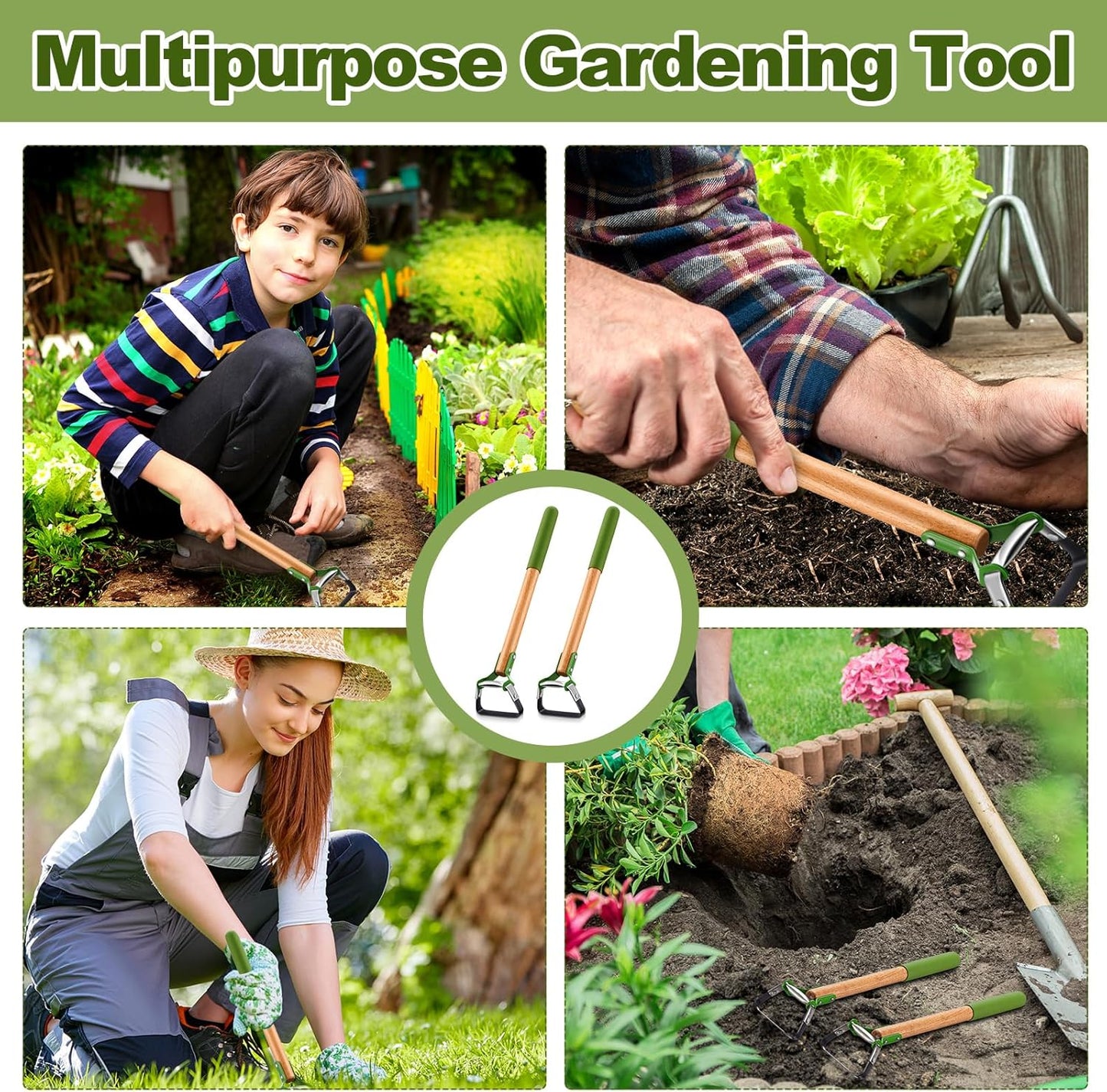2 Pcs Mini Garden Hula Hoes for Weeding 17 Inch Long Stirrup Hoe Tools Scuffle Hoe Garden Tool for Lawn Yard Weeding Gardening with Wood Handle