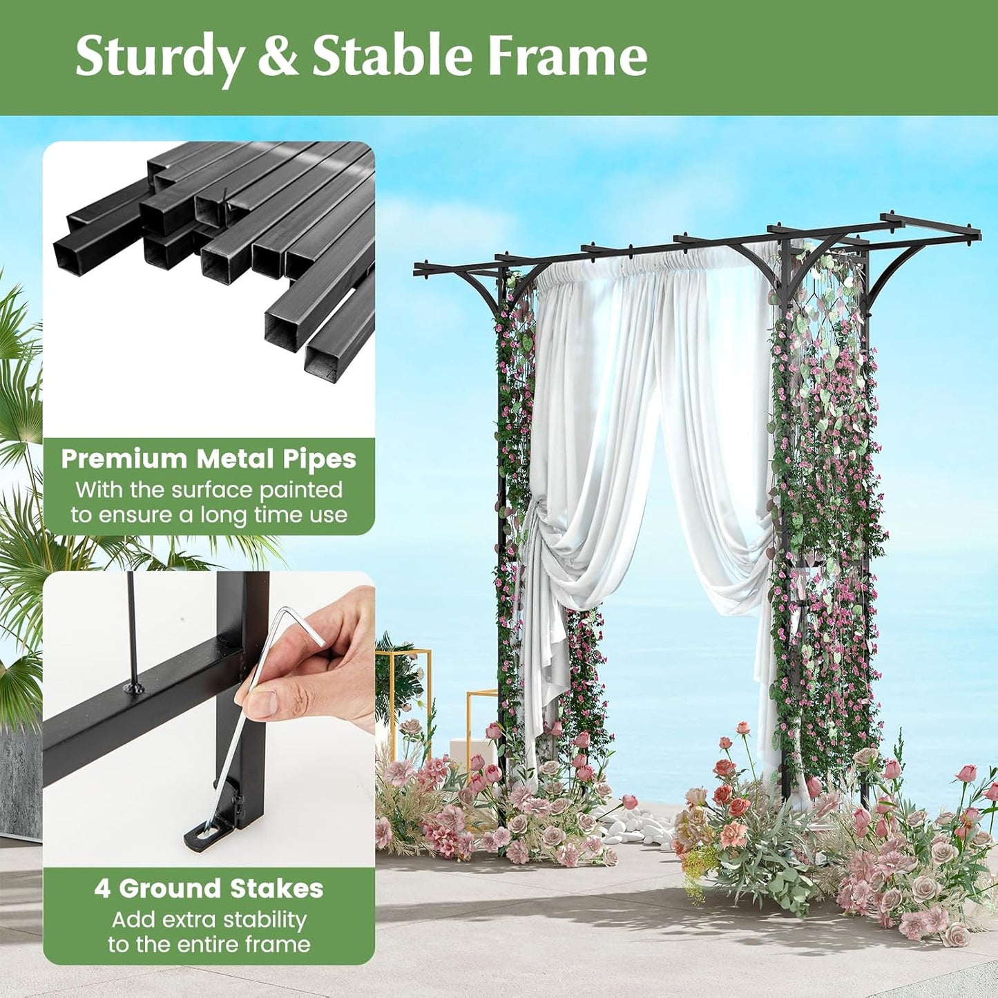 LDAILY Wedding Arch, 6.8FT Rustproof Metal Garden Arbor with Extended Roof & 4 Stakes, Outdoor Plant Support for Vines Roses, Decorative Trellis for Climbing Plants Outdoor for Lawn Wedding Ceremony