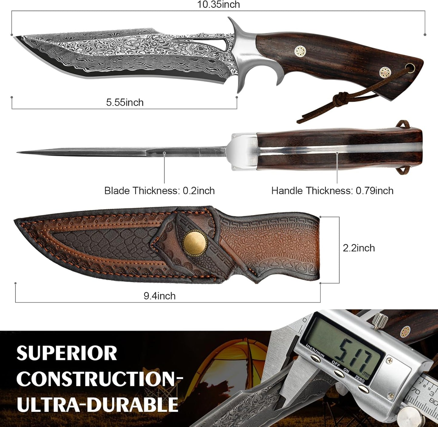 Handmade Damascus Hunting Knife,10.4"Fixed Blade Bowie Knife with Leather Sheath,Real Damascus Steel Knives with VG10 Core &Wood Handle,EDC Full Tang Knives for men women, Adventure,Survival,Hiking,Camping