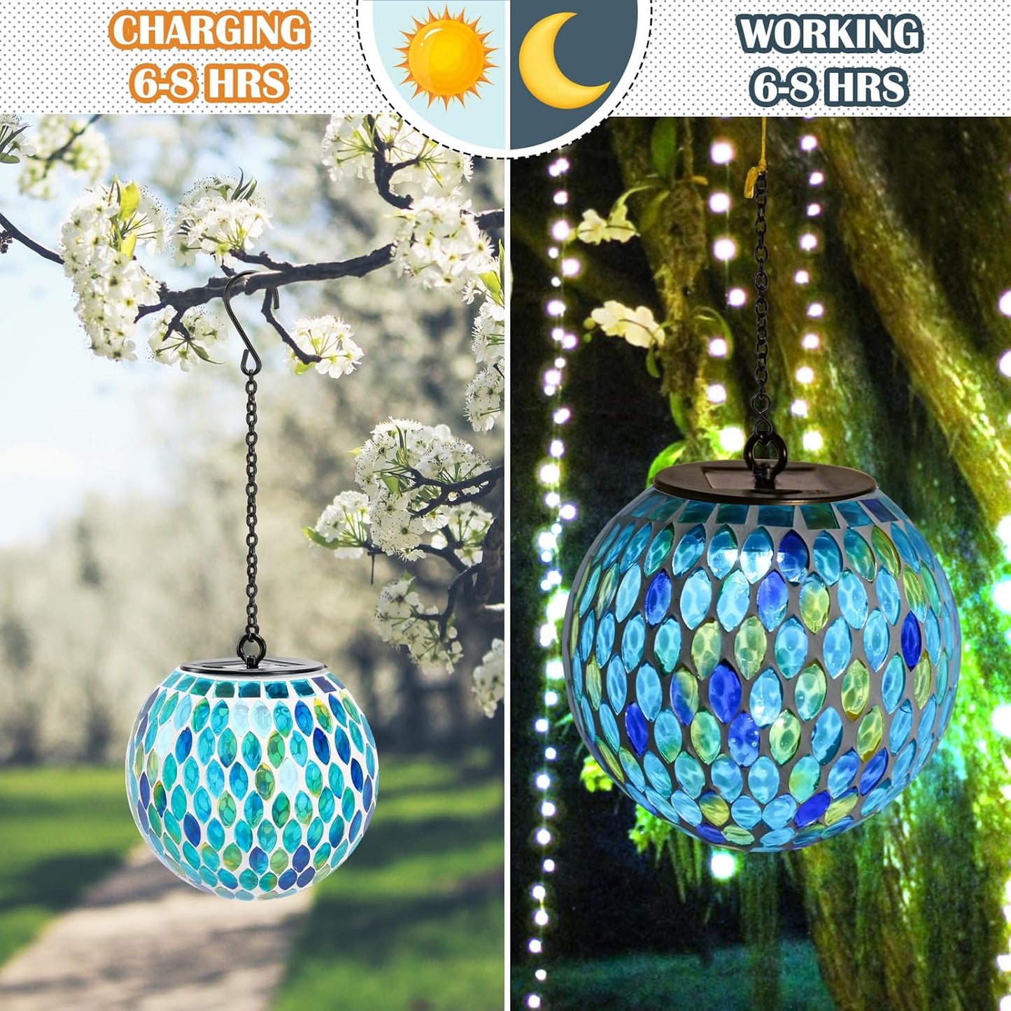 Solar Lanterns Outdoor Waterproof Hanging Solar Mosaic Lantern Outdoor Hanging Lights Waterproof Garden Patio Pathway Yard Décor Green