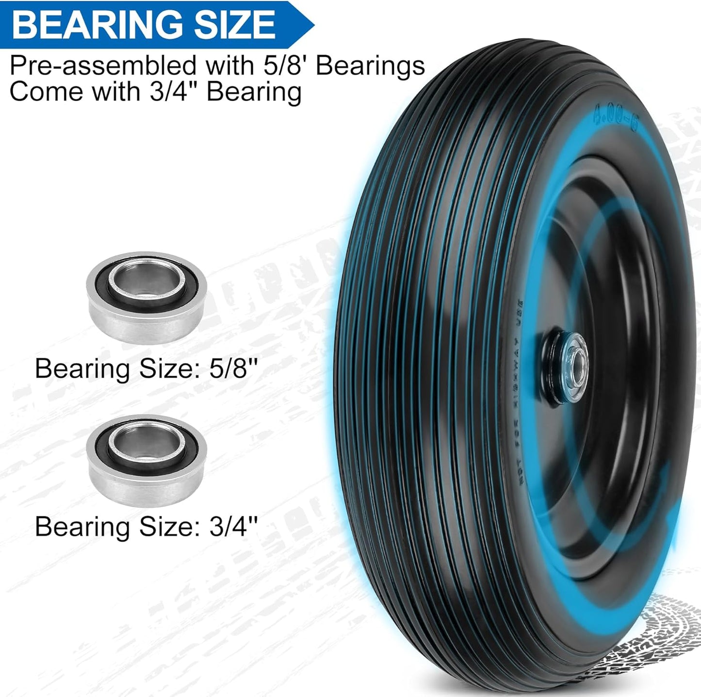 4.00-6 Flat Free Wheelbarrow Tires and Wheels, 13 Inch Wheelbarrow Tires with 5/8" or 3/4" Bearings, 1.75'' Centered Hub Hand Truck Solid Wheels Replacement for Hand Trucks, Dolly Trolleies