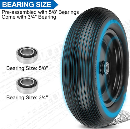 4.00-6 Flat Free Wheelbarrow Tires and Wheels, 13 Inch Wheelbarrow Tires with 5/8" or 3/4" Bearings, 1.75'' Centered Hub Hand Truck Solid Wheels Replacement for Hand Trucks, Dolly Trolleies