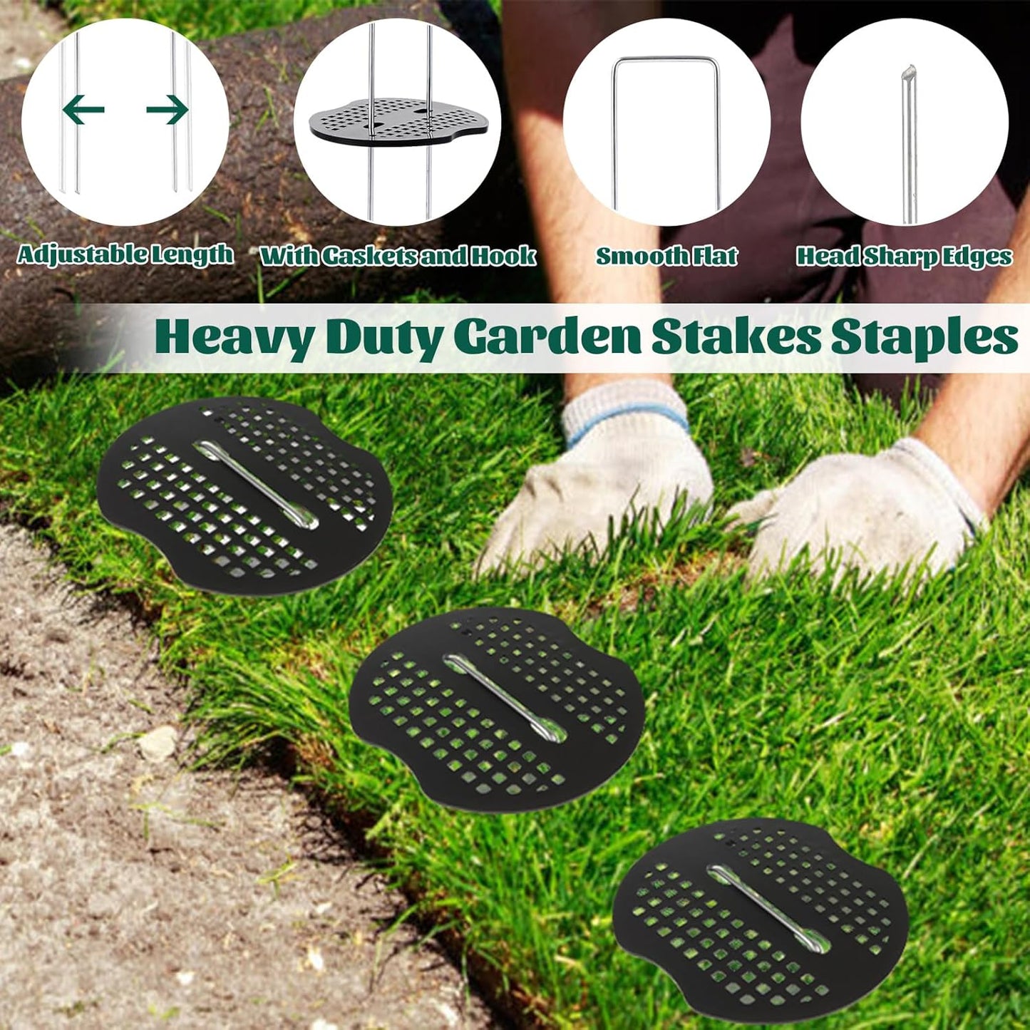 DAJAVE 100 Pack Landscape Staples 6 Inch 11 Gauge U-Shaped Garden Stakes,100Pcs Gasket with Hammer Pick Hook and Gloves Pair, Ground Staples for Securing Weed Barrier Fabric, Irrigation Tubing