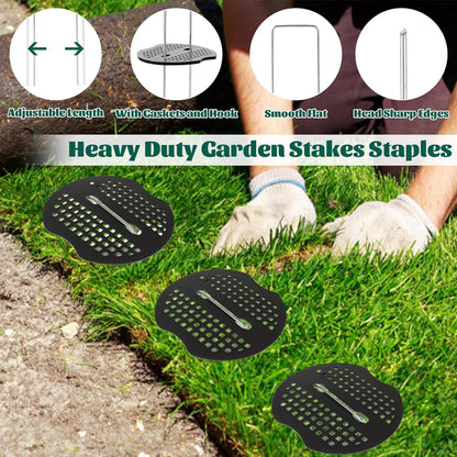 DAJAVE 100 Pack Landscape Staples 6 Inch 11 Gauge U-Shaped Garden Stakes,100Pcs Gasket with Hammer Pick Hook and Gloves Pair, Ground Staples for Securing Weed Barrier Fabric, Irrigation Tubing