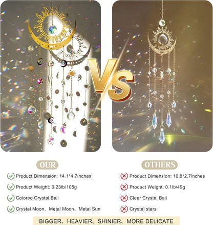 H&D HYALINE & DORA Sun and Moon Suncatcher Crystal Wind Chimes for Hanging Outdoor Indoor Glass Window Hanging Prisms for Garden Backyard Ceiling Room Decor