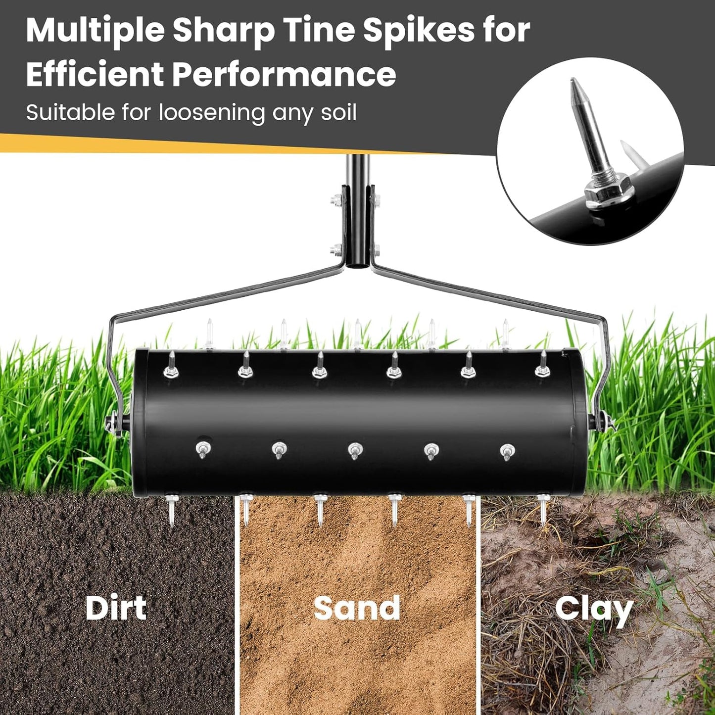 Goplus Rolling Lawn Aerator, 21-Inch Garden Yard Rotary Push Tine Filled Sand Stone, Heavy Duty Spike Soil Aeration w/Metal Handle, Fillable Drum 51" Manual Lawn Aeration Tool Garden Grass Patio Yard