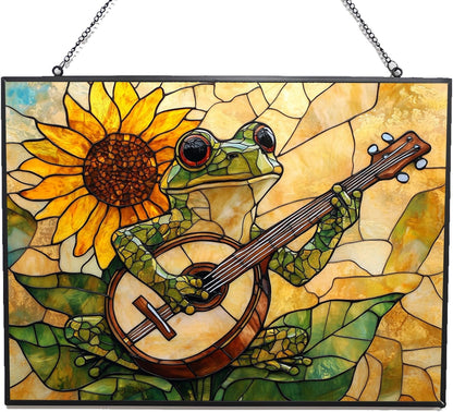 Customized Rectangle Boho Frog Playing Banjo Stained Glass Window Hanging Suncatcher Stained Glass Home Decor Garden Halloween Christmas Party Wedding Housewarming Gifts