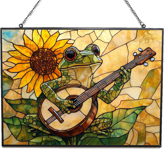 Customized Rectangle Boho Frog Playing Banjo Stained Glass Window Hanging Suncatcher Stained Glass Home Decor Garden Halloween Christmas Party Wedding Housewarming Gifts