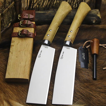 BA-KOR (Pioneer ) (15") DC53 steel 6mm thickened full Tang fixed knife+ Wooden sheath &(5.9IN) Cerium Igniter, suitable for outdoor hunting, cutting, chopping, camping, obstacle removal, exploration, fishing, EDC, BBQ (Mirror Light Edition)