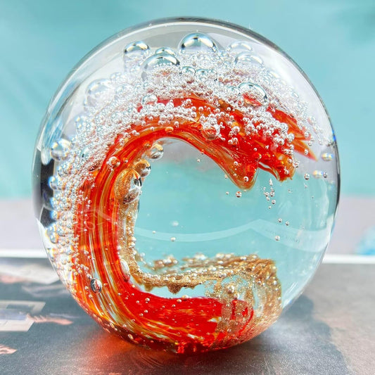 Decorative Crystal Ball Figurines Ocean Waves Paperweight Blown Glass Decor Sea Art Ocean Lovers Gift Red 3.15"