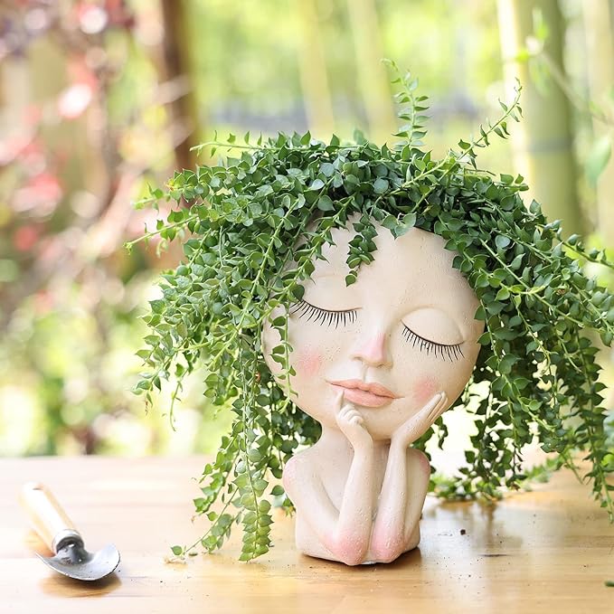 AIMEBBY Resin Head Face Planter Flower Pot for Indoor and Outdoor Plants with Drainage Hole (Large Size)…