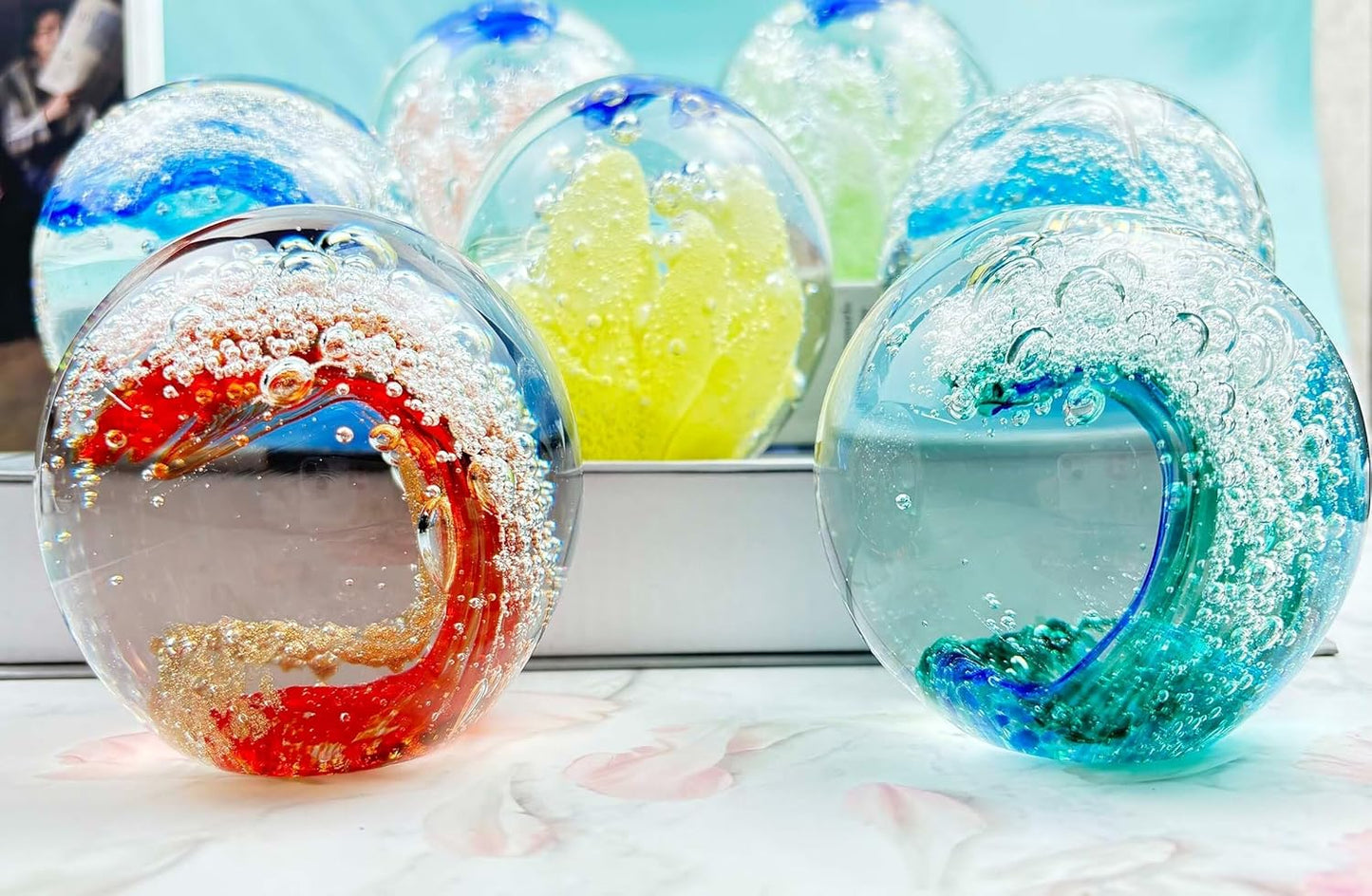 Decorative Crystal Ball Figurines Ocean Waves Paperweight Blown Glass Decor Sea Art Ocean Lovers Gift Red 3.15"
