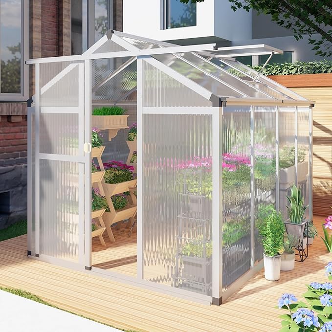 6 x 8 FT Aluminum Greenhouse for Outdoors, Polycarbonate Walk-in Greenhouse,Silver