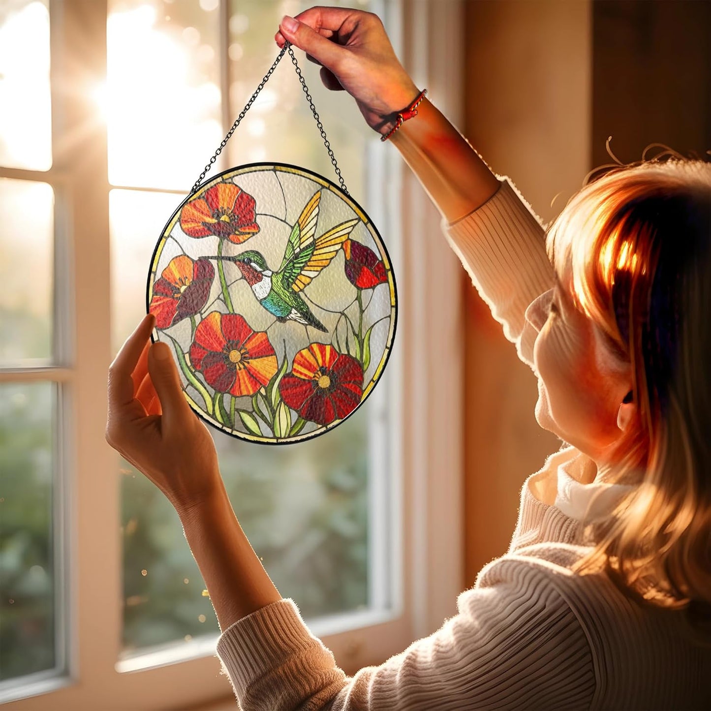 7.8" Hummingbird Stained Glass Suncatcher, Bird Suncatcher for Window Hanging, Sun Catcher Art Decor for Home Garden Housewarming, Gift for Mom, Grandma, Women, Friend, Bird Lover BIRD-30B-SG8
