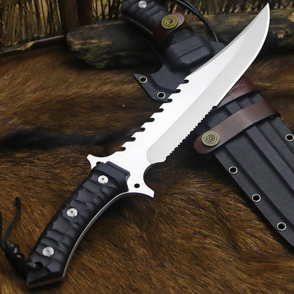BA-KOR (15.8 inches) 5mm full Tang 9CR18MOV steel nylon fiber handle Bowie knife + sheath + (5.9 inches) cerium element striker, suitable for outdoor hunting, camping, survival, and daily carry of tools. (Sanding I (Half Teeth))
