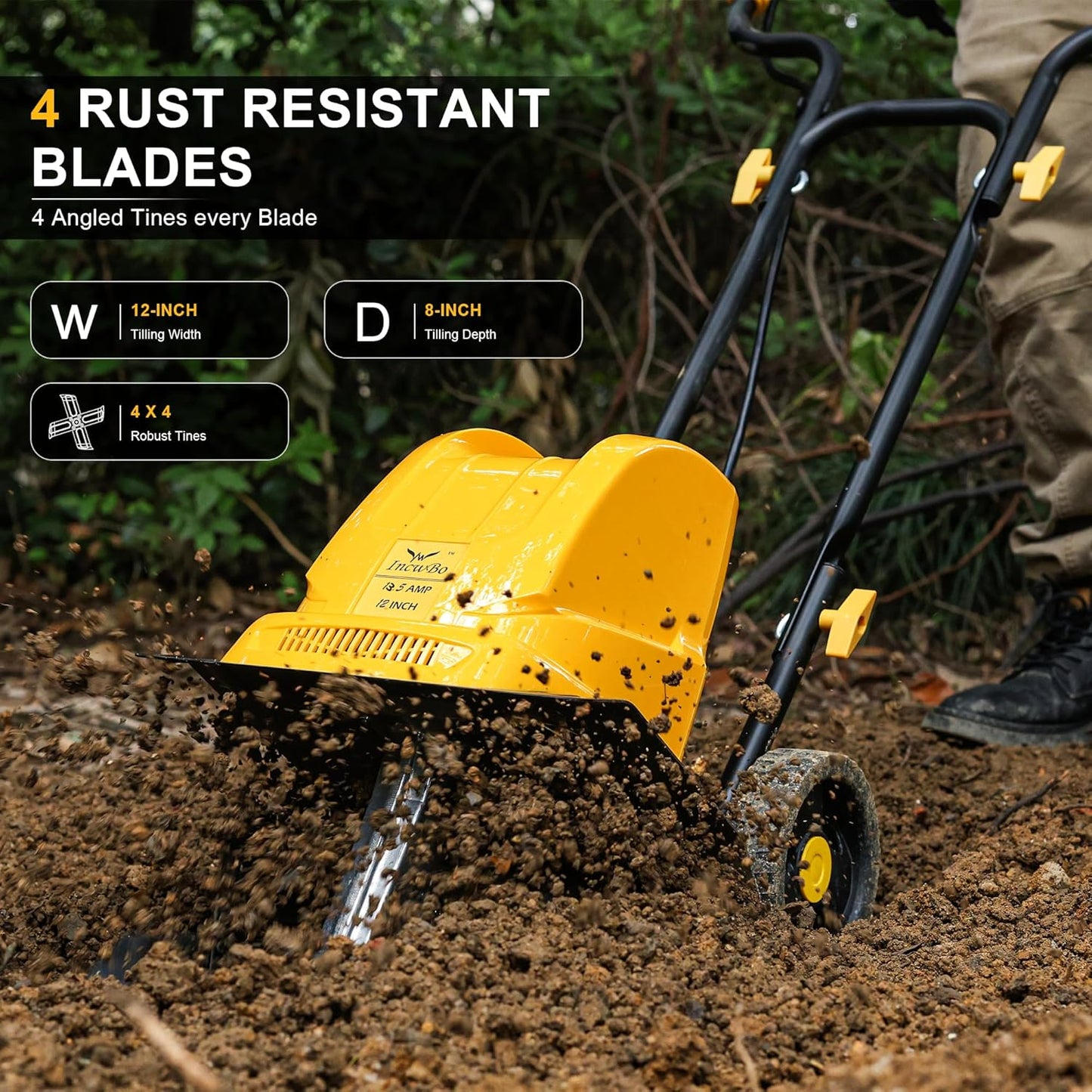 Electric Tiller/Cultivator 4 Steel Tines, 8'' Tilling Depth Garden Roto Tillers for Gardening, 13.5 Amp 12 Inch Corded Rototiller with Adjustable Wheels, Yellow